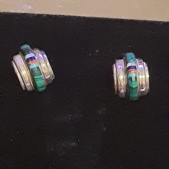 chas ray Jewelry - Zuni VTG signed multi gem inlay earrings Rare sterling